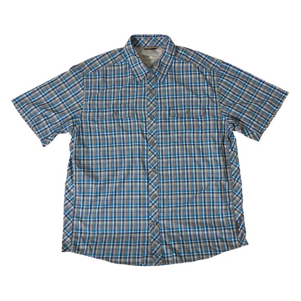 Royal Robbins Mens XL Blue Plaid Nylon Hiking Shirt Short Sleeve ROYCL-S09